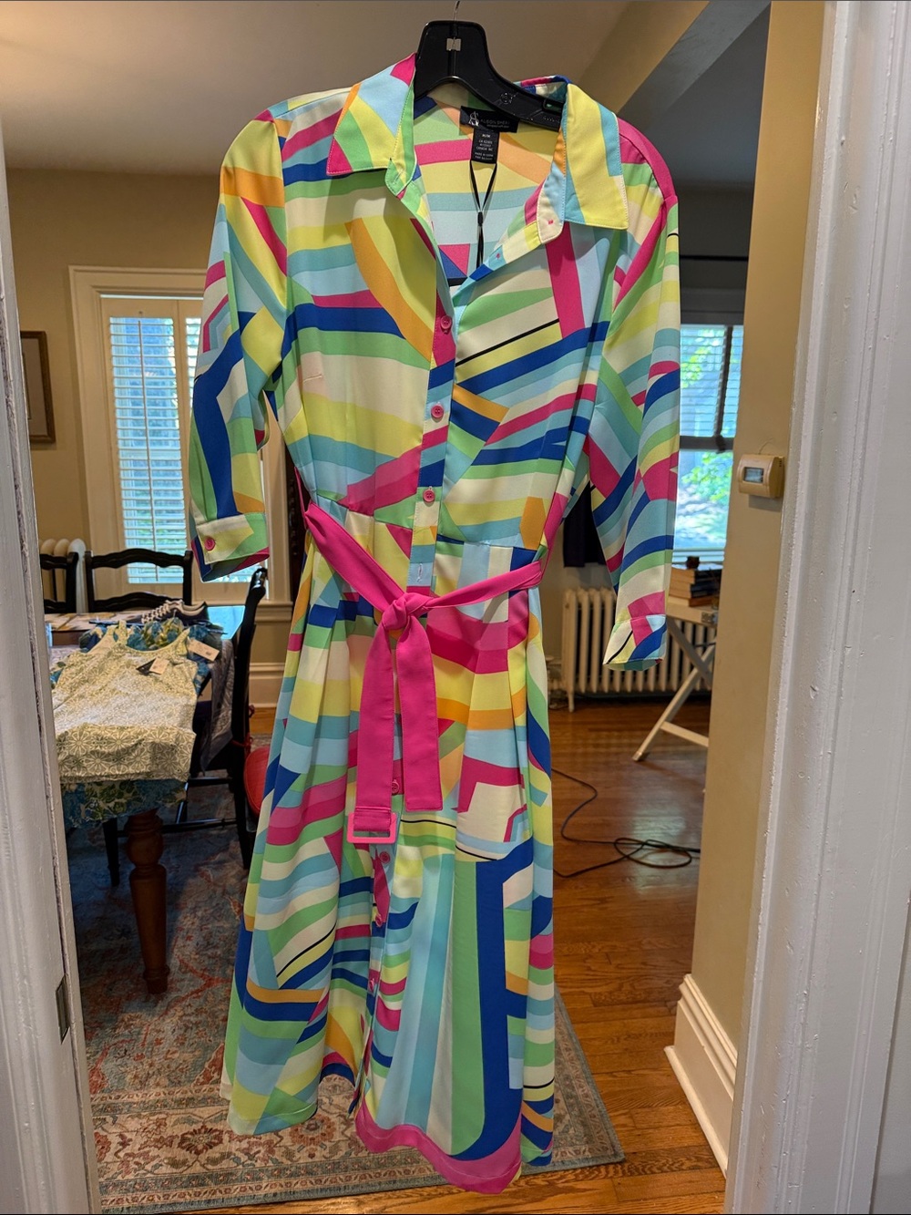 Vibrant Multicolor Geometric Midi Shirt Dress with Pink Belt
